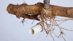 Tree root invasion inside pipe.